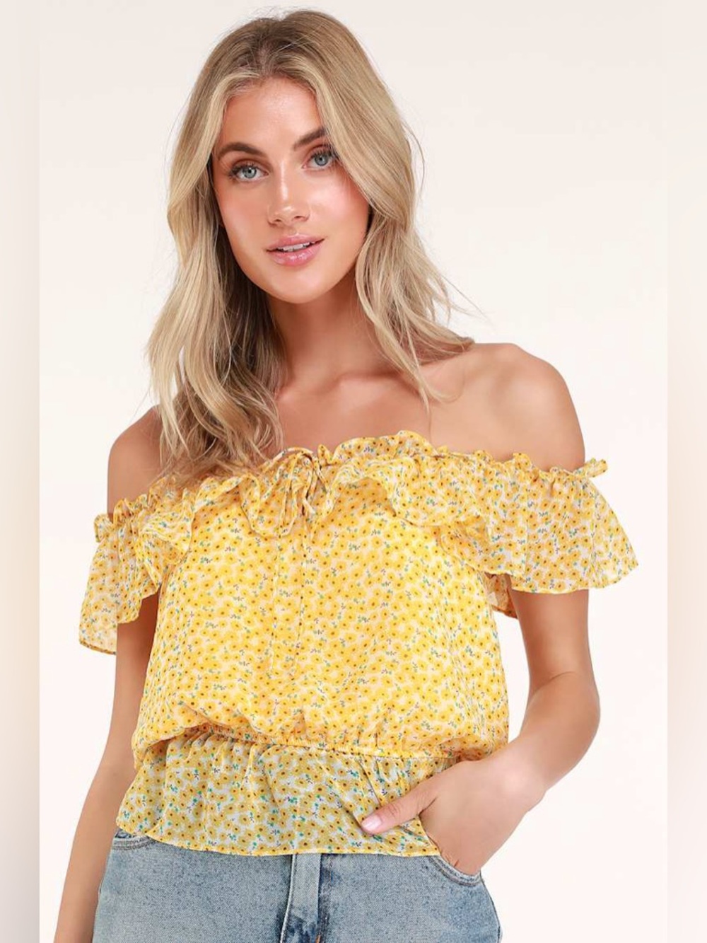 NWT Lulus‎ Yellow Floral Print Off-the-Shoulder Top Small Summer Feminine Ruffle